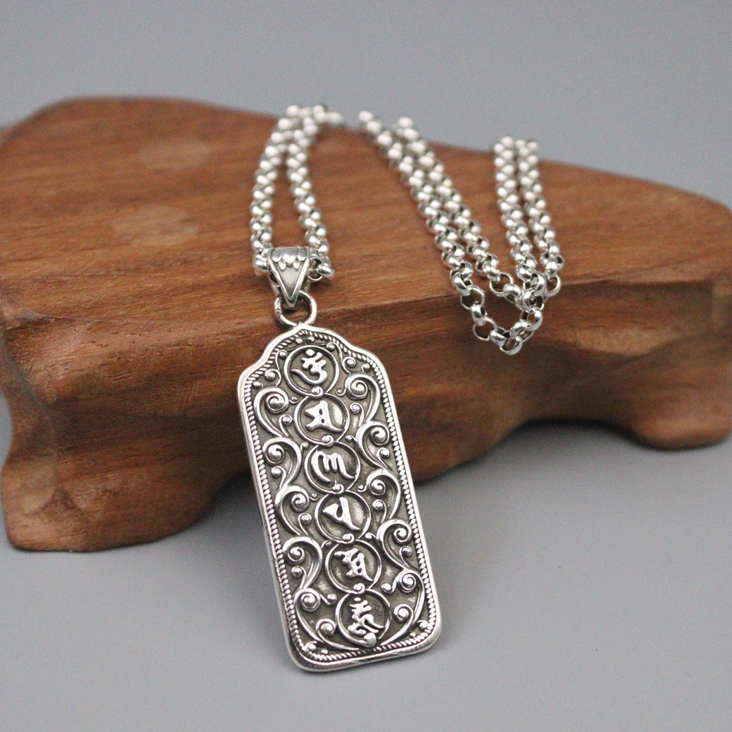 

Real 925 Silver Pendant For Men Gold-Color Six Sutra Square Plate Silver Pendant Silver Pendant with Rolo Silver Chain 22inchL