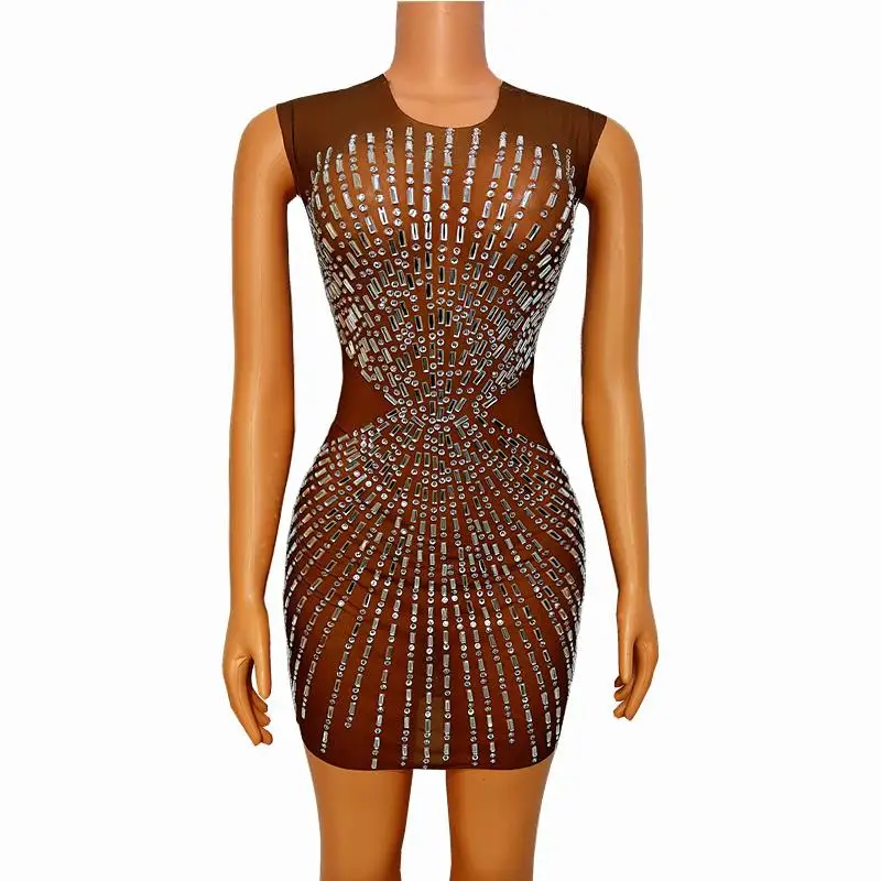 

See Through Mesh Rhinestones Dress Women Sexy Stage Wear Evening Party Concert Celebrate Prom Singer Model Show Dance Costume