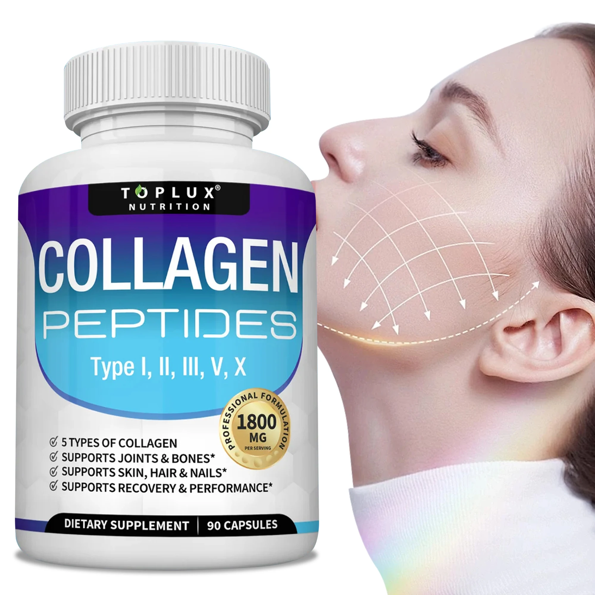 Collagen Peptides 1800มก. - สุขภาพเส้นผมและผิวหนัง, ต่อต้านวัย - ประเภท I,II,III,V,X, สุขภาพข้อต่อและกระดูก 1