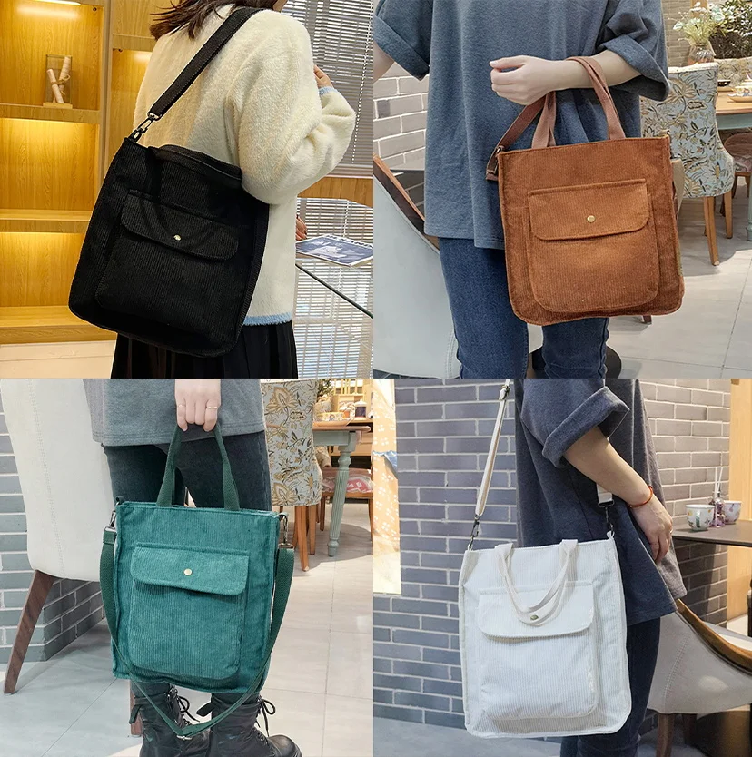 Women 2022 New Corduroy Shoulder Bags Fashion Leisure Shopping Canvas Tote Bag Organizer Girl Outdoor Travel Button Handbags