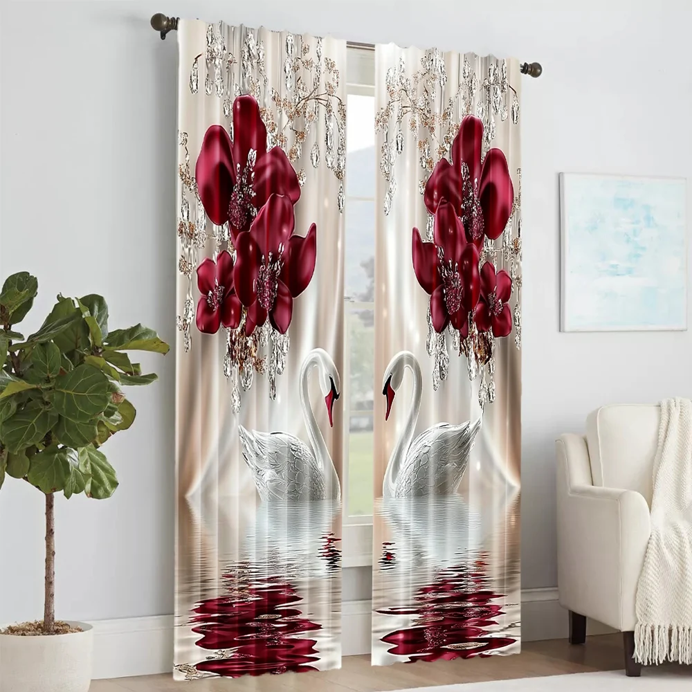2Pcs Digital Printed Rod Pocket Window Curtain Swan Flower Pattern Window Drapes For Bedroom Living Room Home Decor Design For 2