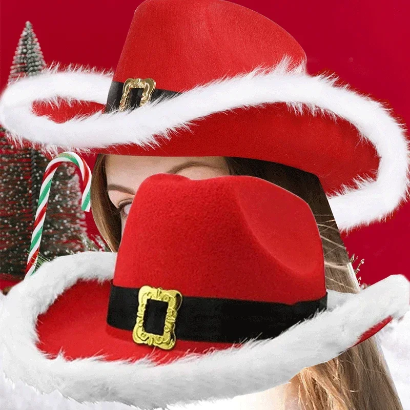 

Santa Claus Party Christmas Luminous Cowboy Hat Western Red Felt Hats Wide Brim Cowgirl Hat Jazz Hat for Women Men