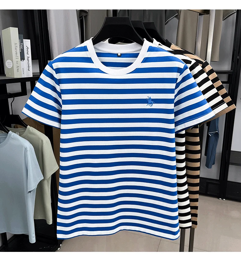 High-End-Herren-Kurzarm-T-Shirt der Modemarke Paul Pony, besticktes, sommerliches, bequemes, lässiges, klassisches, gestreiftes Rundhals-Top – Detail 11