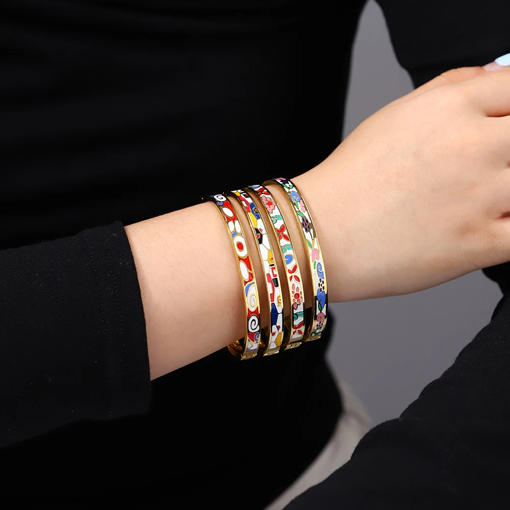 Stainless Steel Bracelet Exquisite Enamel Waterproof Light Luxury Geometric Color Flower Women's Wrist Jewelry Gift