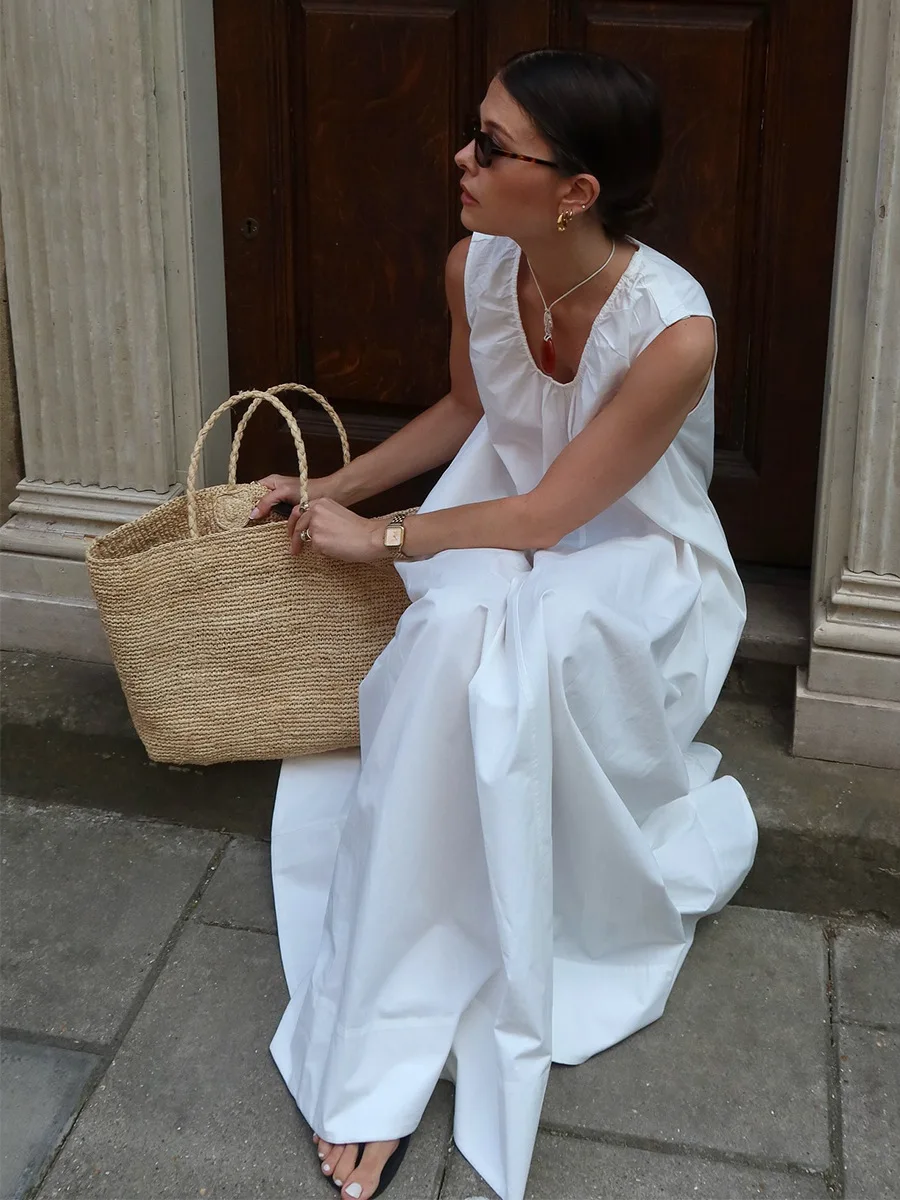 Bornladies Women's 2026 Summer New Sleeveless Dress 100% Cotton Refreshing Breathable Vacation Casual U-Neck Loose Maxi Dress