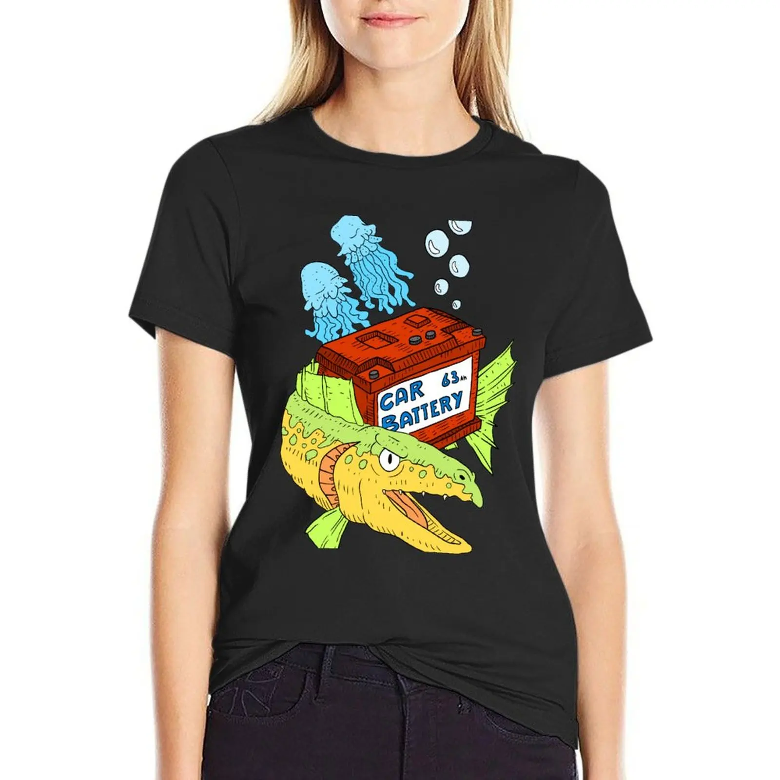 

throwing a car battery in the ocean. T-Shirt lady clothes oversized summer top anime clothes t shirts for Women