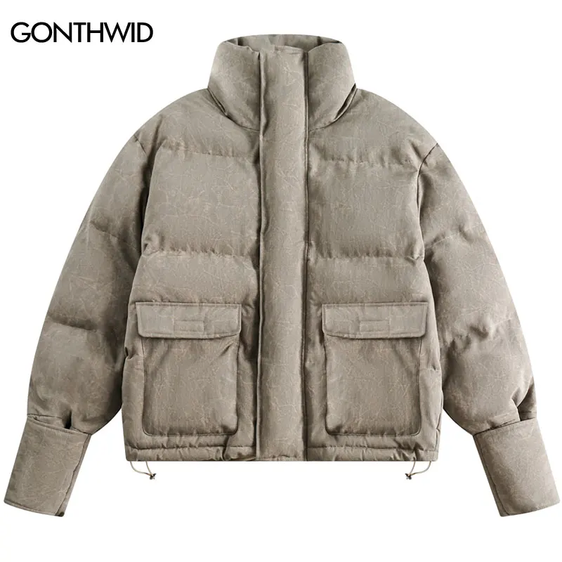 

Hip Hop Winter Jacket Parka Streetwear Harajuku Solid Color Pockets Cargo Coats 2023 Fashion Zipper Turtleneck Bubble Parkas