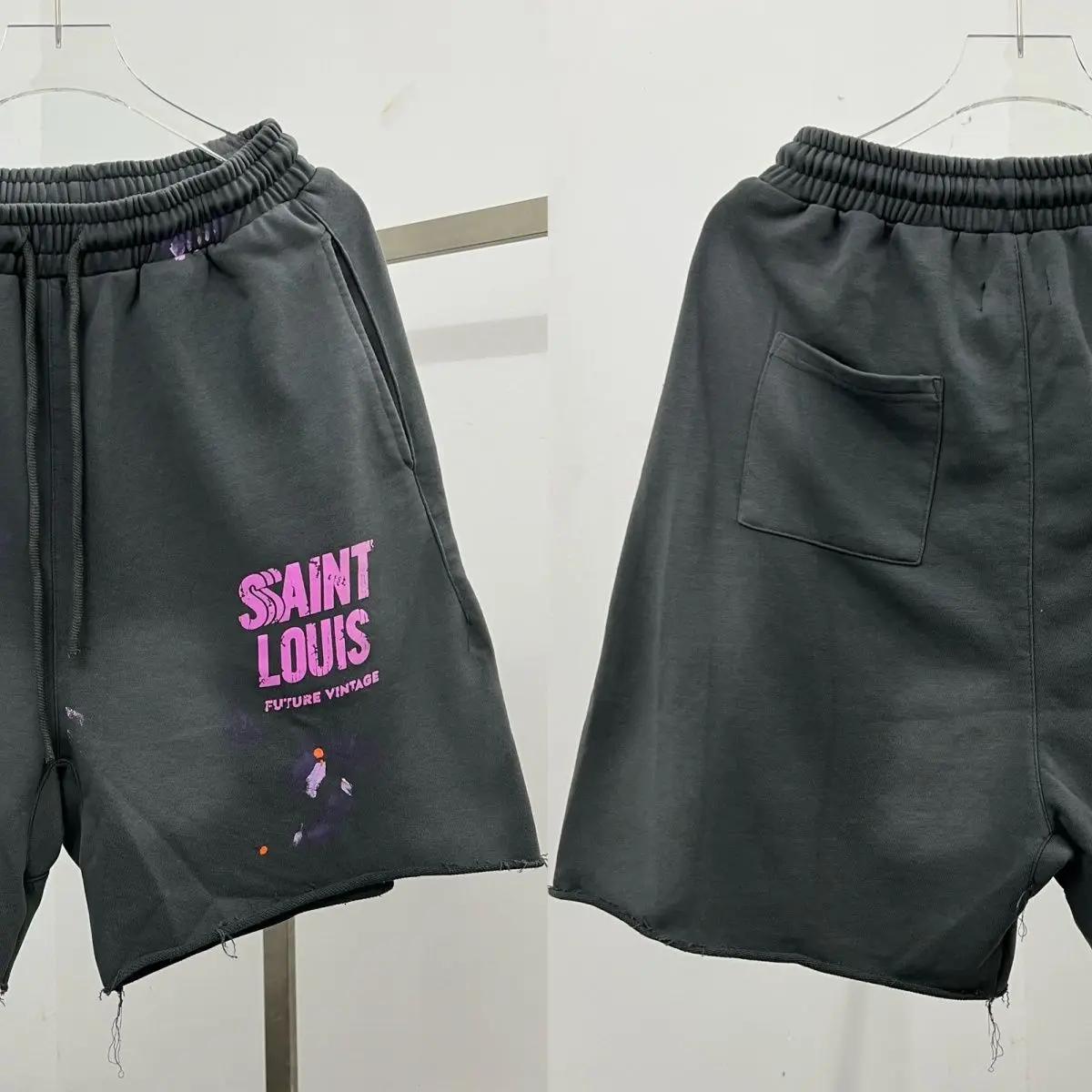 2024FW Summer SAINT LOUIS Washed, Worn Out, Spicy Ink Graffiti, Water Diamond Shorts, Men's and Women's Curled Casual Shorts