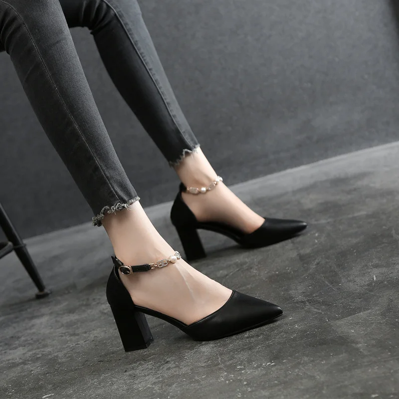 2024 New High-heeled Shoes Pointed Thick Heels Pumps Small Size Buckle Shoe Female Sandals Large Size 30 31 32 33 34 43 44 4
