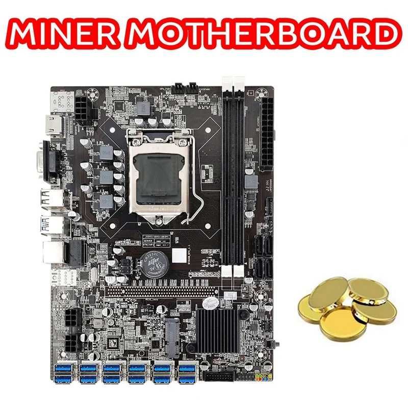 ETH B75 Mining Motherboard 12 PCIE to USB with CPU+Dual Switch Cable with Light LGA1155 MSATA DDR3 B75 BTC Motherboard