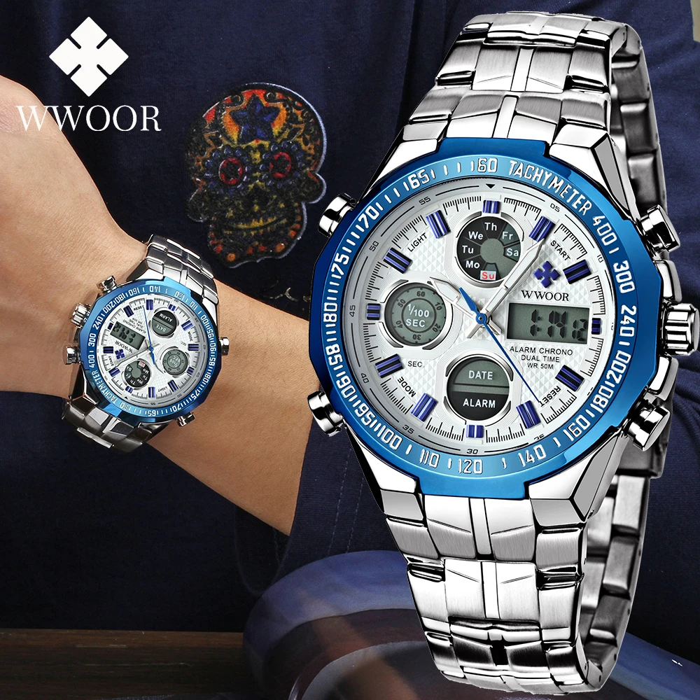 

Wwoor Top Brand Analog Men 50m Waterproof Chronograph Sport Military Male Clock Man Luminous Dual Display Quartz Wrist Watches