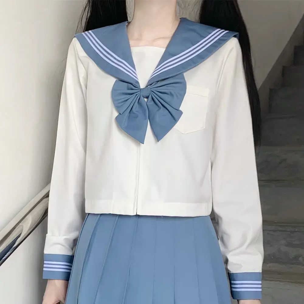 Japanese Korean Style Cute Blue Sailor Set Women Seifuku Student JK Uniform Sailor Suit Cosplay Costumes Girls Pleated Skirt
