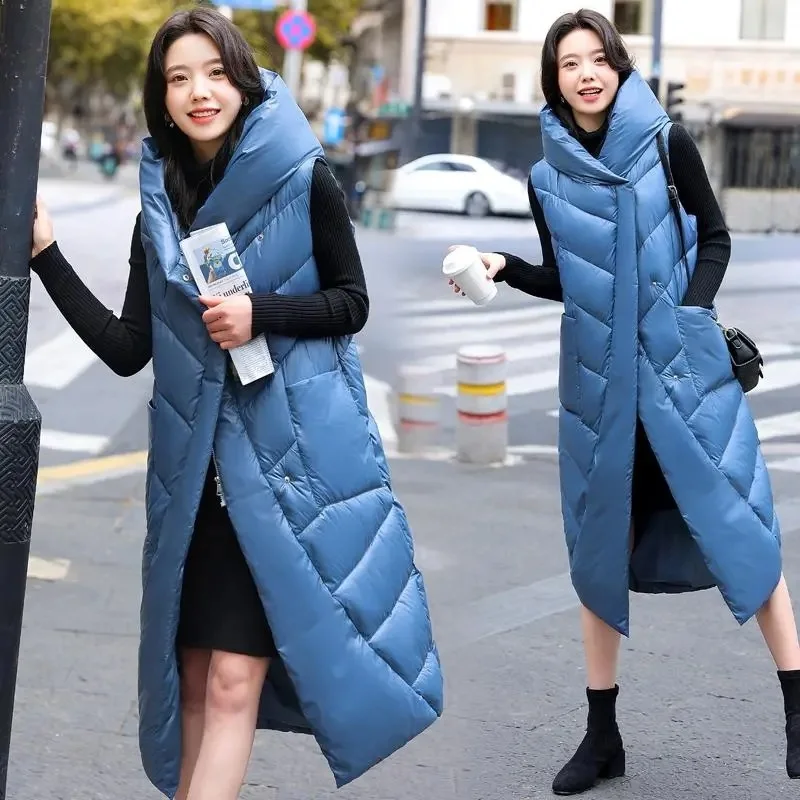 

2023 Autumn Winter New Korean Hooded Down Cotton Vest Women Long Sleeveless Jacket Warm Loose Waistcoat Parkas Ladies Tops H3208