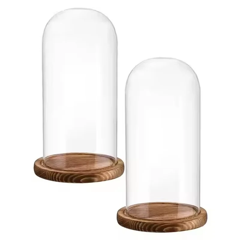Dia 20cm Free Clear Handcrafted Glass Dome with Brown Wood Stand Home Decor Clear Oval Glass Domes with Base 6