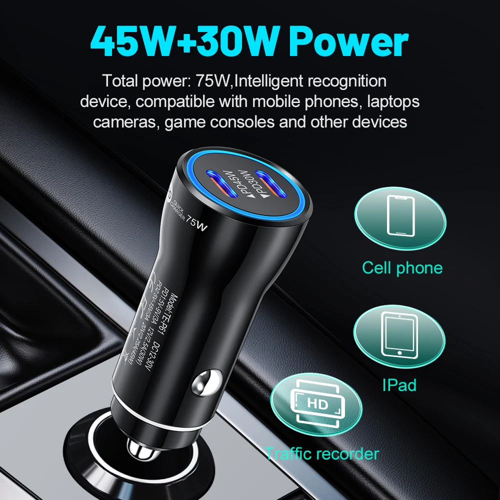 75W 2-port USB C Car Charger In Car Fast Charge Adapter For iPhone Xiaomi Samgsung Car Phone Charger