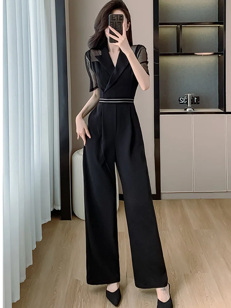 

New French High End Elegant Celebrity High Waist Jumpsuit Women's Short Sleeve Slimming Waist Wide Leg Jumpsuit