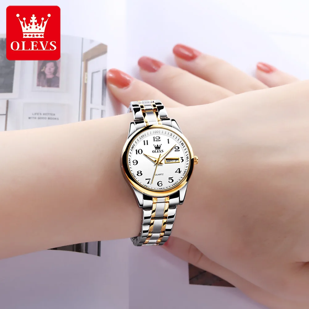 OLEVS Quartz Watch for Women Stainless Steel Waterproof Luminous Calendar Dial Fashion Elegant Women's Wristwatch Gift Set Reloj