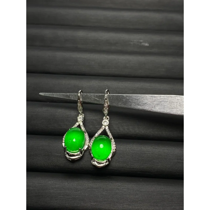 

Beautiful Certified Nature inlay Ice Green Burmese Jade Jadeite Women's Earrings