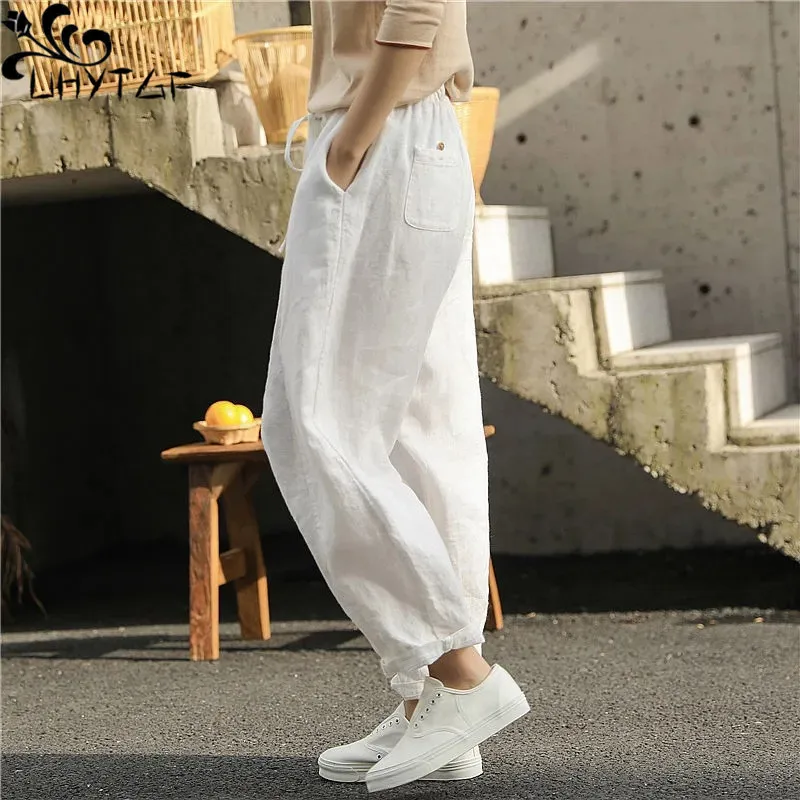 

UHYTGF Harun Pants Womens 2023 Summer New Casual High Waist Loose Large Size Elastic Waist Ladies Wide Leg Nine Points Pants 280