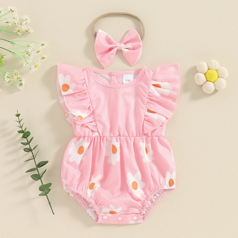 

Одежда для новорожденных девочек цветочный принт рукава-летучая мышь комбинезон повязка на голову детский летний комплект одежды