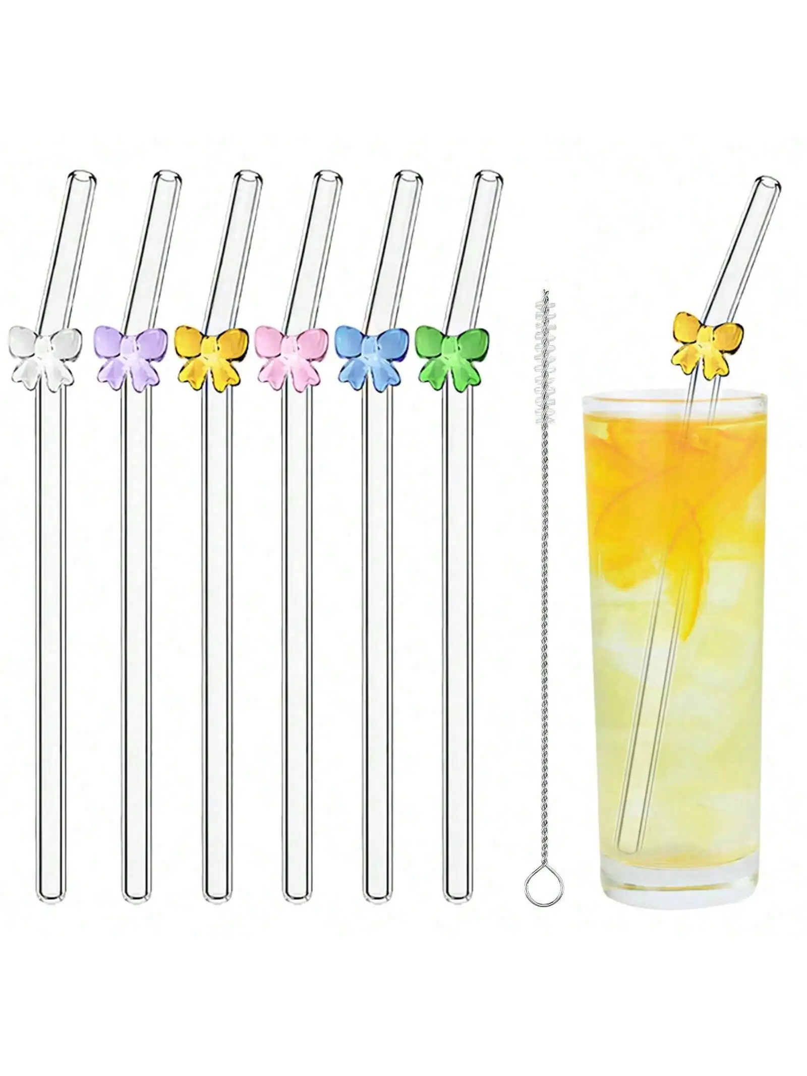 Reusable Bow Glass Straw Set – Cute and Eco-Friendly Drinking Straws with Cleaning Brush for Coffee, Smoothies, Frozen Drinks, Tea, and Juice (7-Pack)