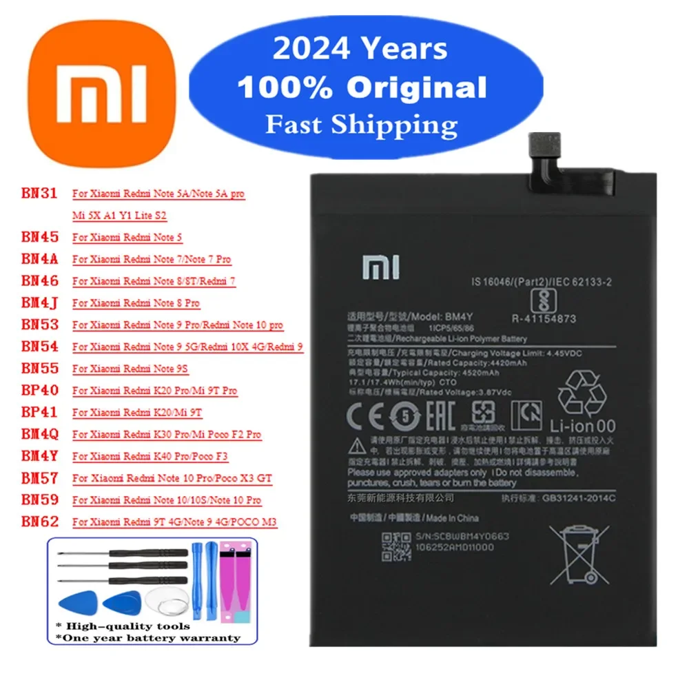 

Аккумулятор для Xiaomi Redmi Note K30 K40 K20 Mi 10 10S 10X 9 9S 9T 8 8T 7 5 5A Pro POCO X3 M3 F3 F2 Pro, оригинальный аккумулятор 2024 года