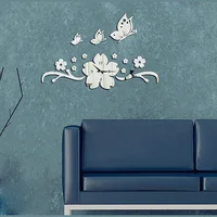 Home Decor Wall Clock Mirrors Living Room Bedroom TV Background Stickers Butterfly Flower 3D DIY Mirror Watch 46x70cm 2