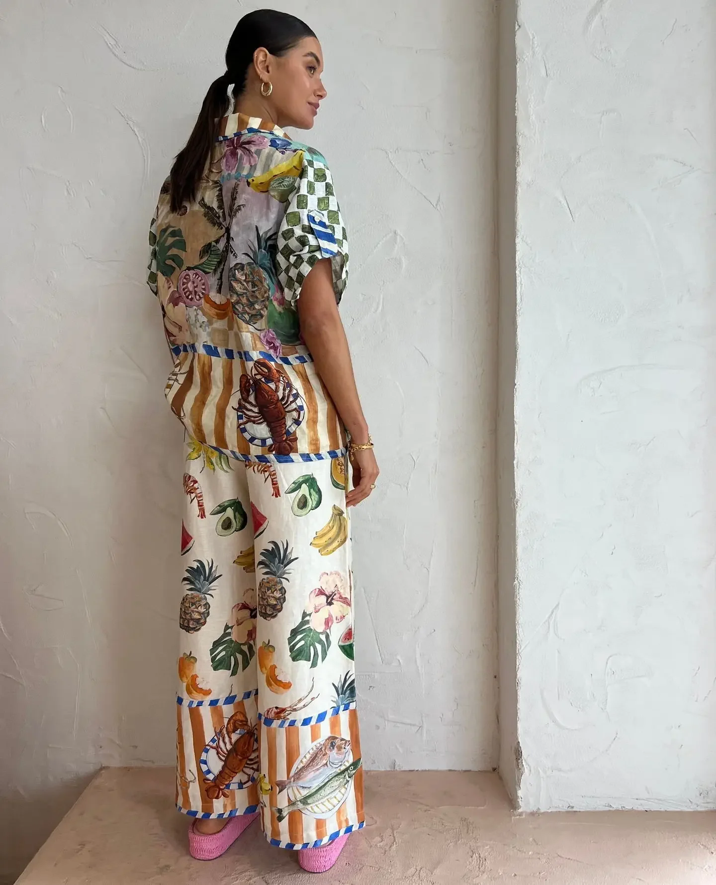 24 High Quality Fashion Casual Printing Two-piece Set Hot Selling Personalized Printed Shirt Loose Tied Waistband Wide Leg Pants