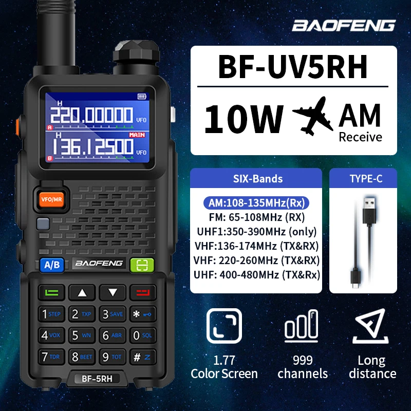 Baofeng Uv-5Rh Walkie Talkie Multibanda 10W Air Band Copy Frequency Vox Outdoor Long Range Type-C Charger Radio Portatile Bidirezionale