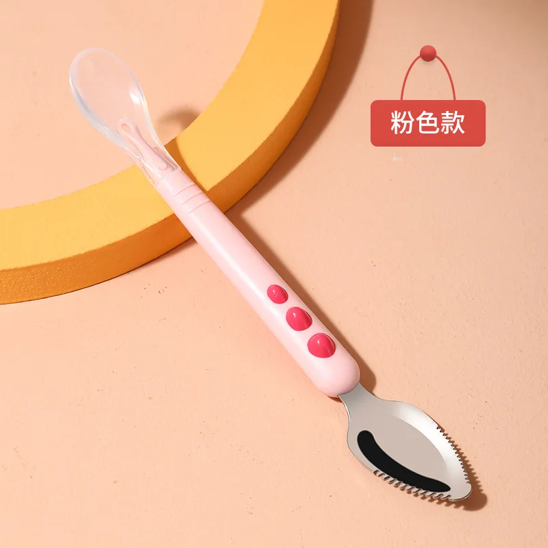 Baby Fruit Scraping Mud Spoon Double Head Silicone Stainless Steel Children Utensil Toddler Infant Food Eating Feeding Tableware 3