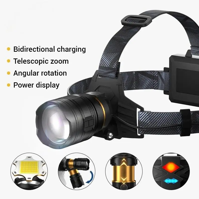 강력한 XHP360 36-LED 줌 헤드램프, 18650 충전식 헤드라이트, 낚시, 캠핑, 하이킹을 위한 조절 가능한 밝은 손전등