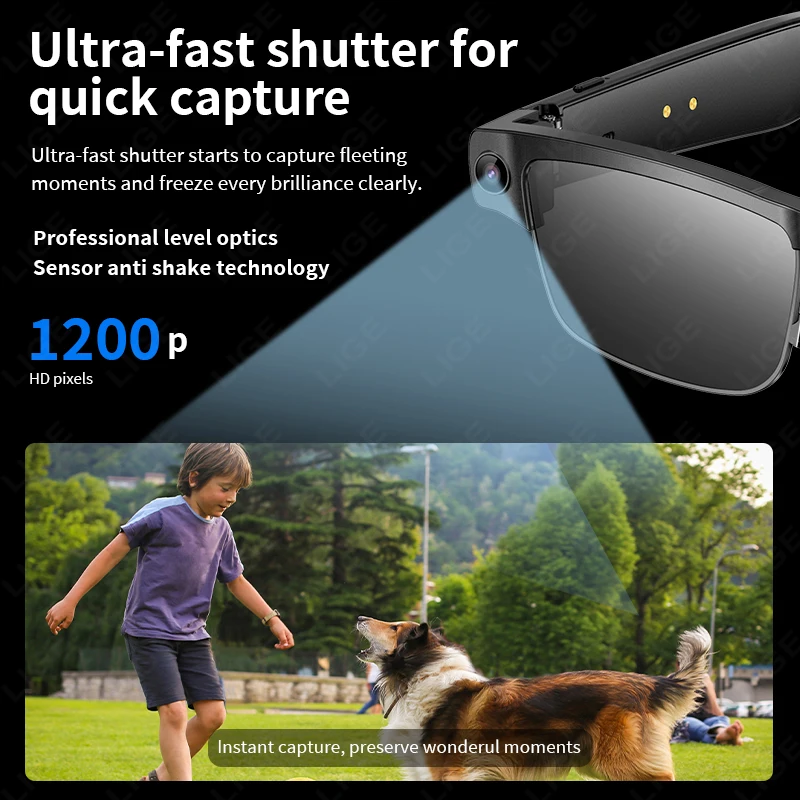 LIGE AI Smart Glasses Chat Voice Assistant Control 270mAh Battery 800W HD Camera 1200P Video Shoot Bluetooth Call Sunglasses New