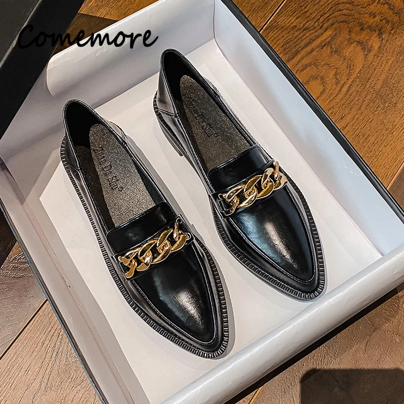 Comemore Plus Size 42 Oxford Shoes Woman Loafers Leather Flats Chains Sneakers Trend Girls Lolita Medium Heels Flats Spring