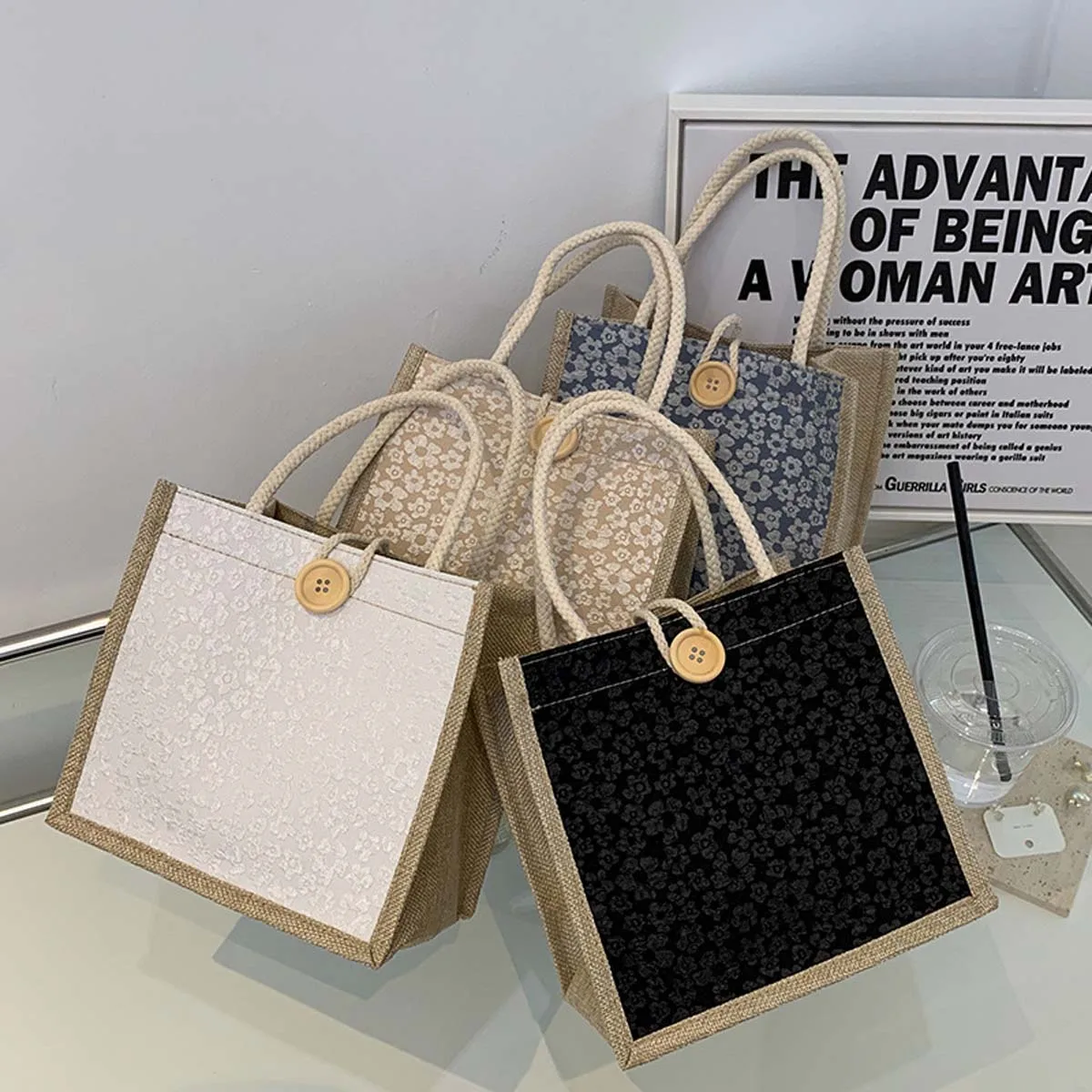Carry-on linen bag female fashion work out hand bento bag Japanese ins small satchel fashion canvas flower lunch