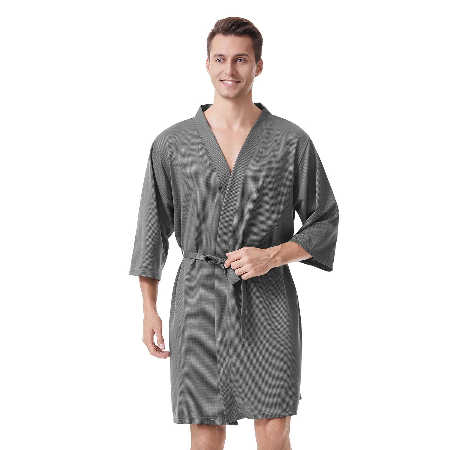 Erkekler için Waffle Soğutma Elbiseler Bornoz Hafif Diz Boyu 3/4 Kollu Örgü Banyo Elbiseler Erkek Loungewear