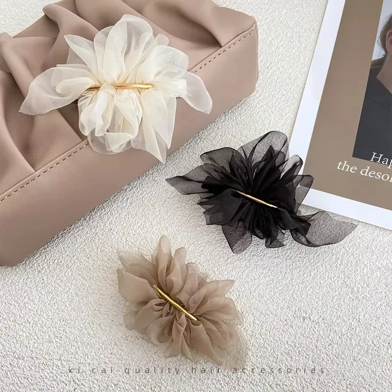 1/2 Stück elegante, minimalistische Chiffon-Blume, große Frühlings-Haarklammern für Frauen, einfarbiges Haar-Accessoire für Pferdeschwanz – Detail 6