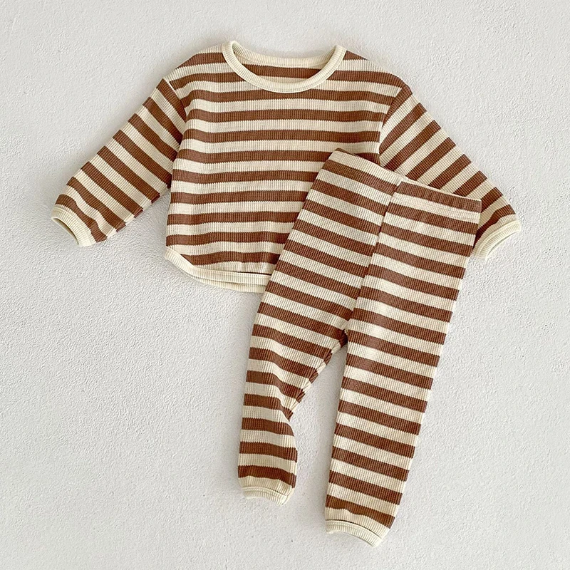 baby shirt clothing set 0-3 year old baby clothes autumn boys and girls striped long-sleeved pullover + shorts baby simple long-sleeved trousers suit Baby Clothing Set medium