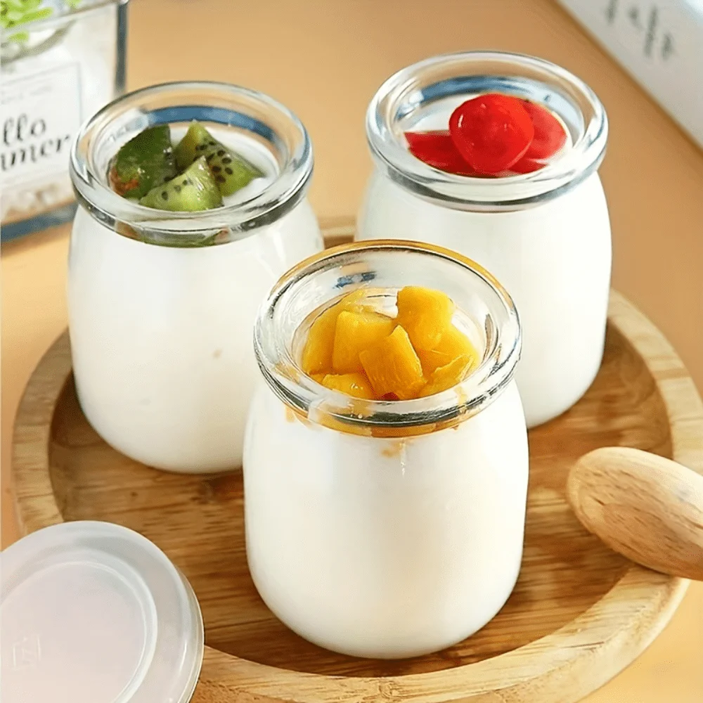 

10pcs Glass Yogurt Containers, Home Kitchen Dessert Yogurt Jars With Lids, Glass Pudding Jars, Heat Resistant Yogurt Glasses Wit