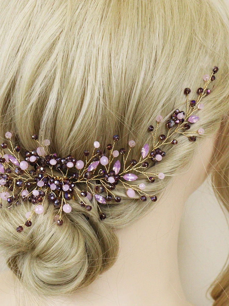 Purple Pink Crystal Wedding Headbands Girls Hair Vine Flower Hair