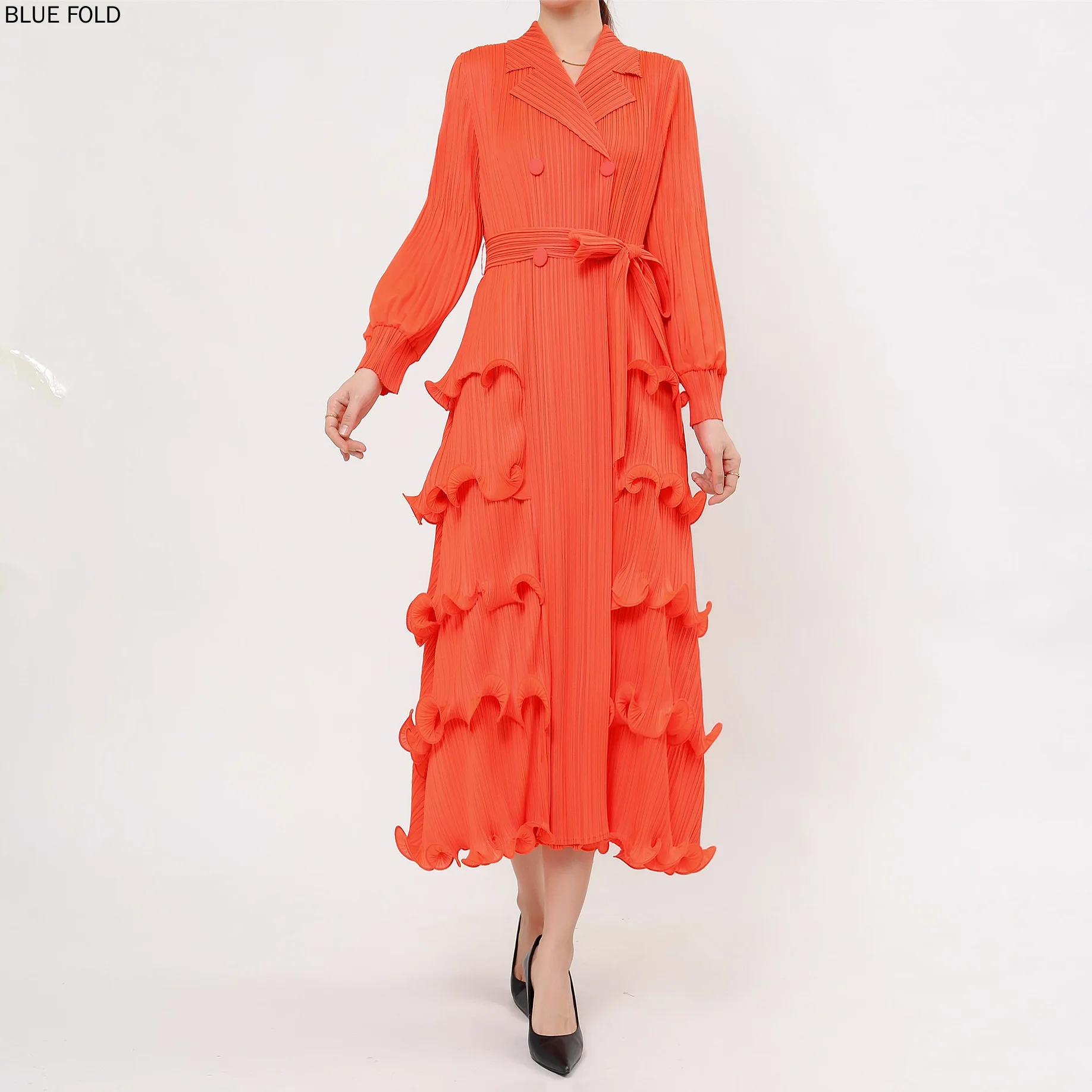 

MIYAKE PLEATS Платье-кардиган, деревянный ушной ремешок, костюм на талии, воротник, тонкий, элегантный, осенний, новый, высококачественный