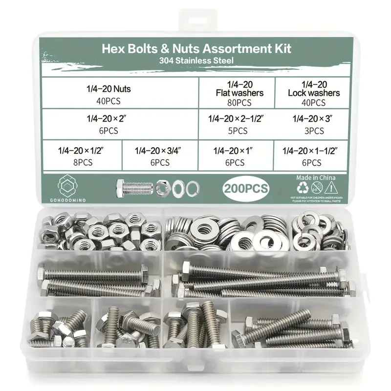 200 stainless steel nuts and bolts 1/4-20 X 1/2", 3/4", 1 ", 1-1/2", 2", 2-1/2", 3 ", stainless steel hexagon bolts and nuts,.