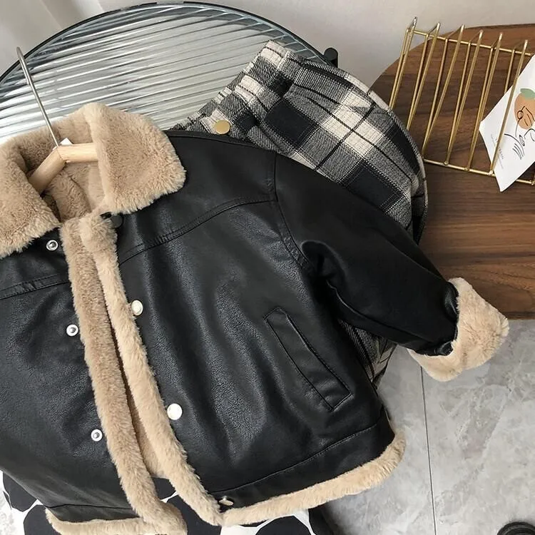Boys Girls Leather Jackets Children winter Motorcycle Faux Leather Fleece Lined Zipper Coats