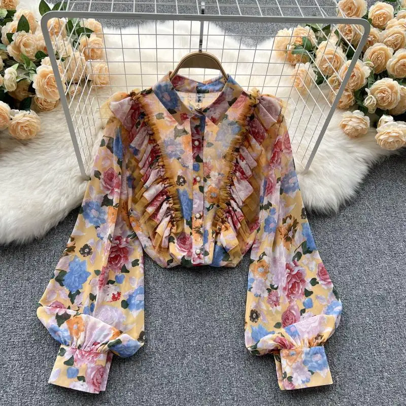 

French Design Sense Niche Ruffled Long-sleeved Shirt Autumn Women's New Korean Print Chic Top