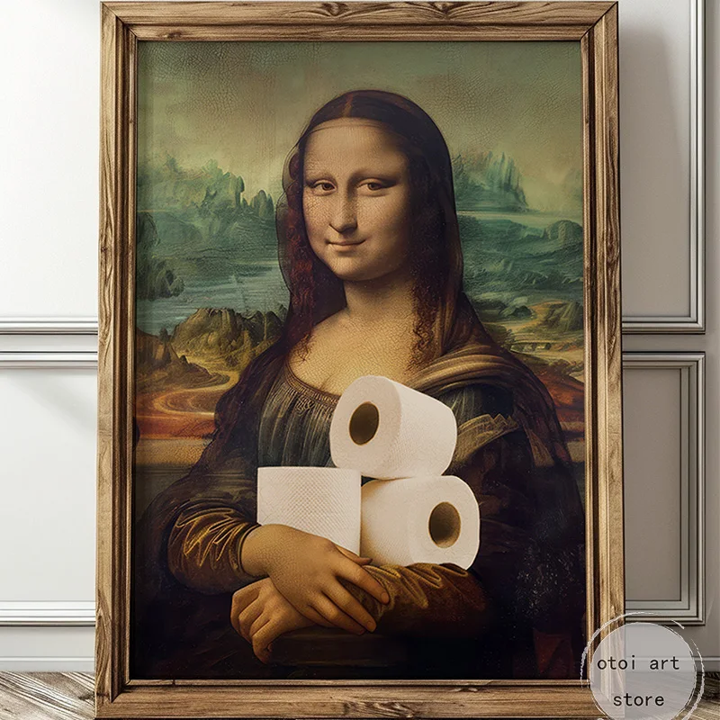 재미있는 빈티지 모나리자 욕실, 변기 종이 아트 포스터, 캔버스 페인팅, 벽 인쇄, 그림 욕실, 화장실, 홈 데코