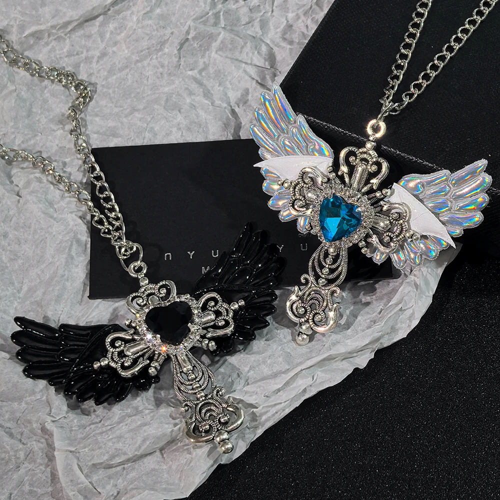 Y2K Gothic Angel Wing Heart Pendant Necklace Silver Tone Holographic & Black Wing Cross Necklaces for Women Punk Jewelry 2