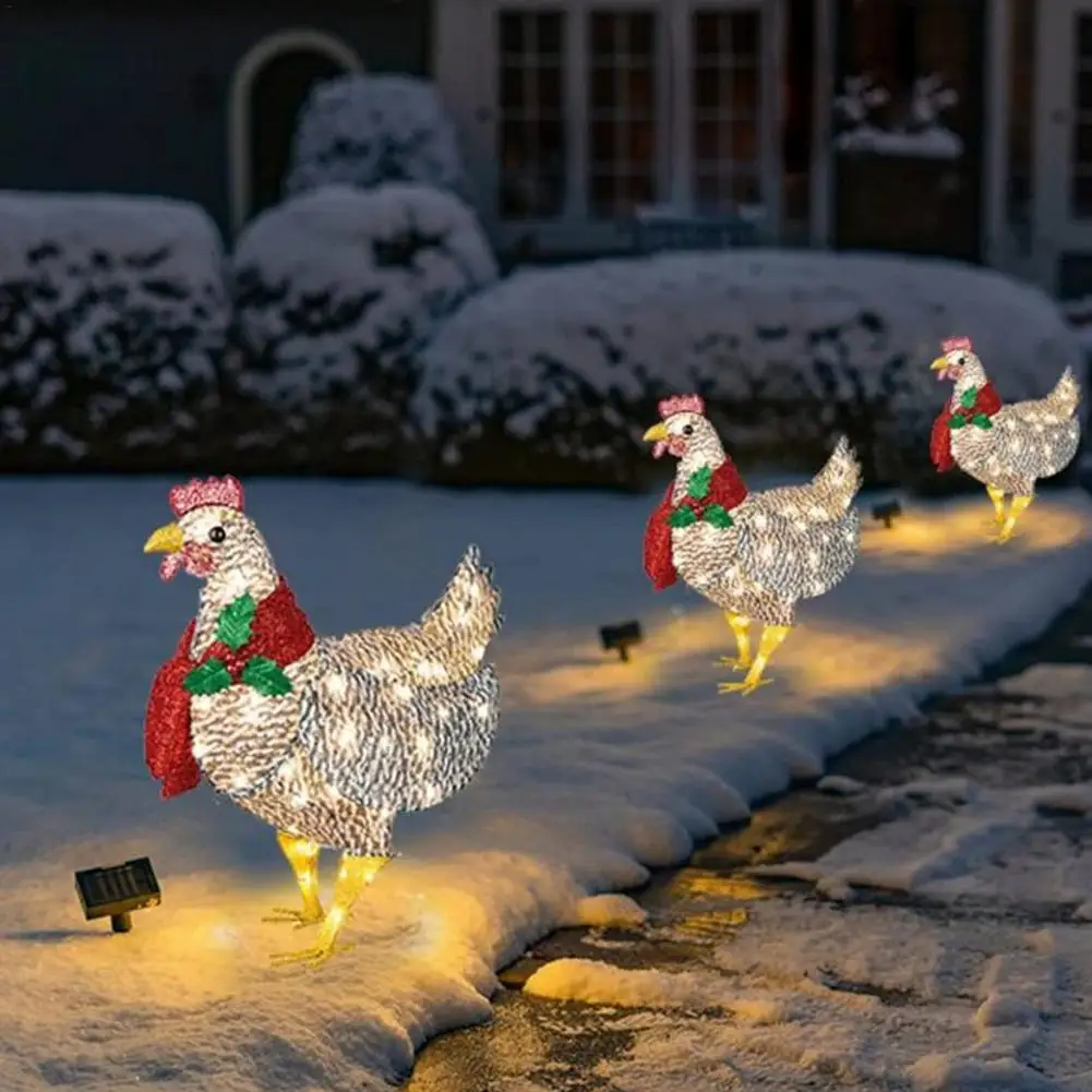 

Glowing Chicken Christmas Acrylic Chicken Ornaments with Scarf Metal Light-up Chicken Decorations for Garden Patio Lawn