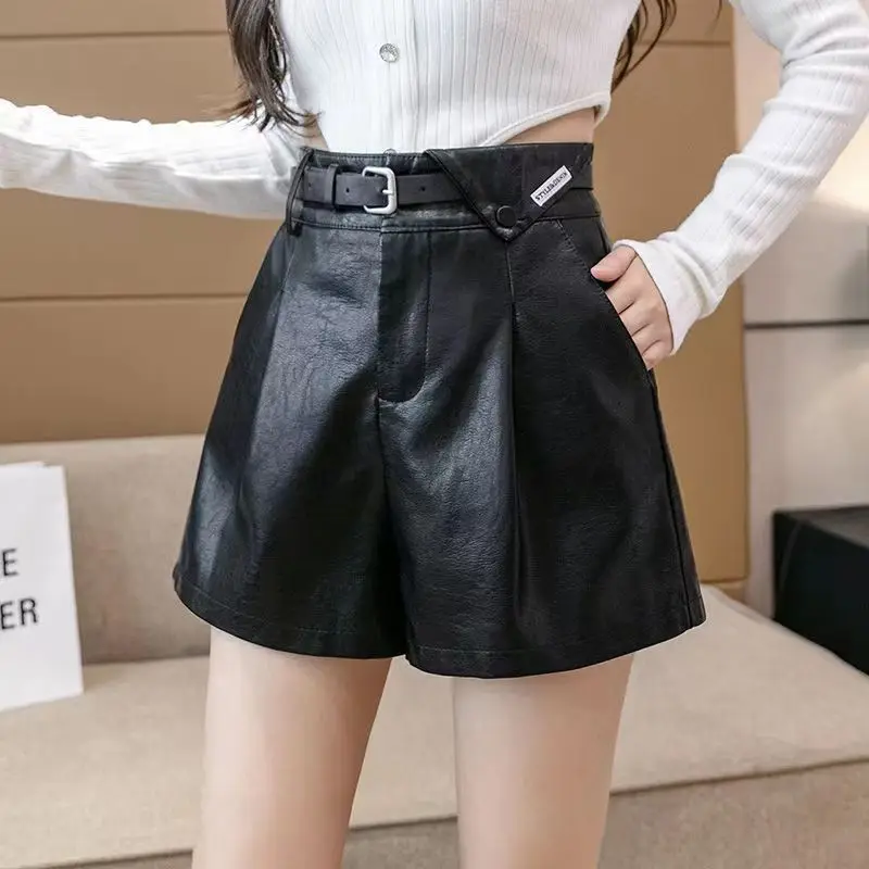 Women's Clothing Fashion All-match Pockets Patchwork Leather Shorts Autumn Winter Trend Korean New Solid Color High Waist Pants