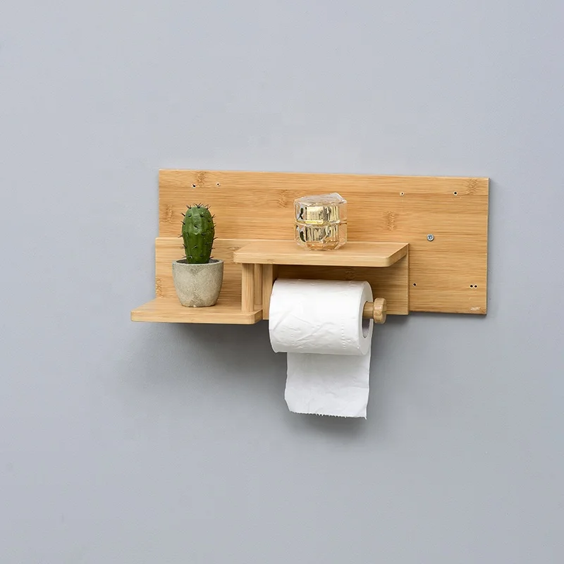 Bathroom Wall Mounted Easy Installation Wood Tissue Rolls Holder Bamboo Toilet Paper Holder with Shelf