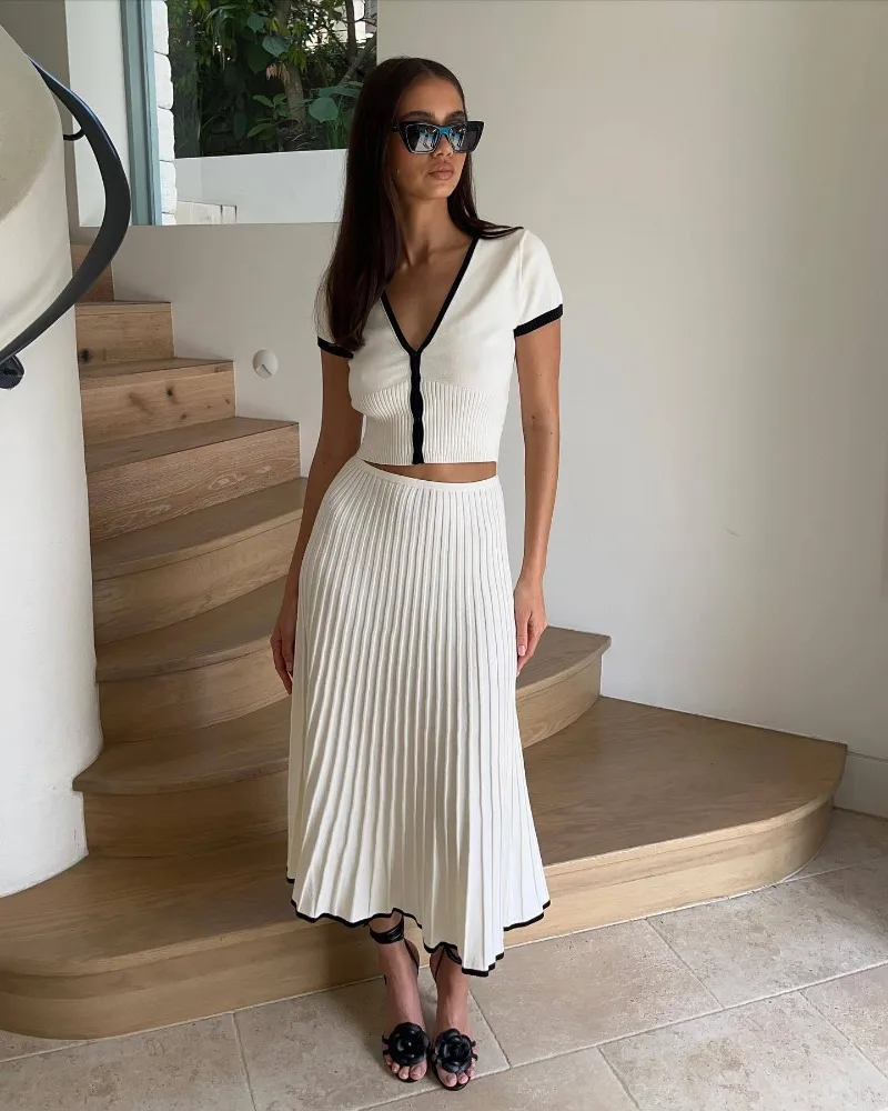 Ruffle Knitted Skirt Sets Women Summer Deep V Neck Crop Tops Female Holiday Elegant Dress Sets 2 Piece Womens Outfits New