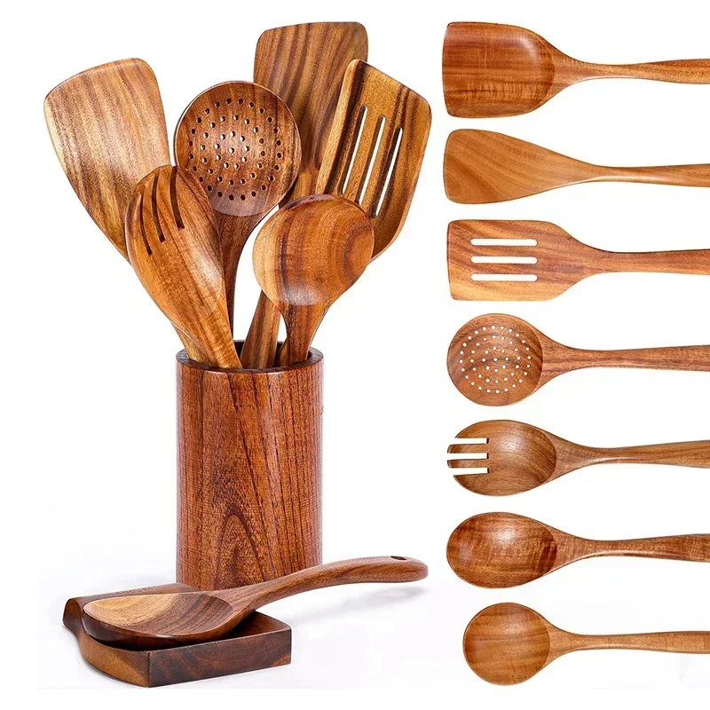 Wooden Spoons For Cooking, Wooden Utensils For Cooking With Utensils Holder, Teak Wood Kitchen Set